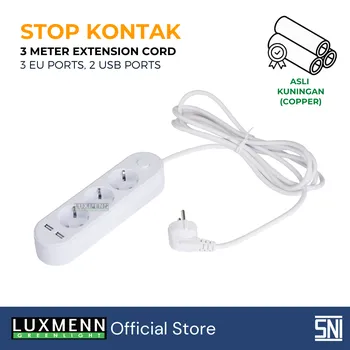 Gambar Aksesoris Listrik Luxmenn LED LUX - EKU201DL / Stop Kontak Kabel Extension Strip, 3 M, 3 Power Socket 2 USB di Juragan Material